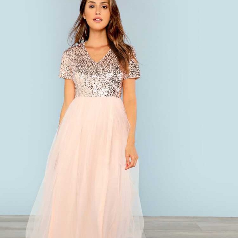 Pink sequin and tool v neck dress
